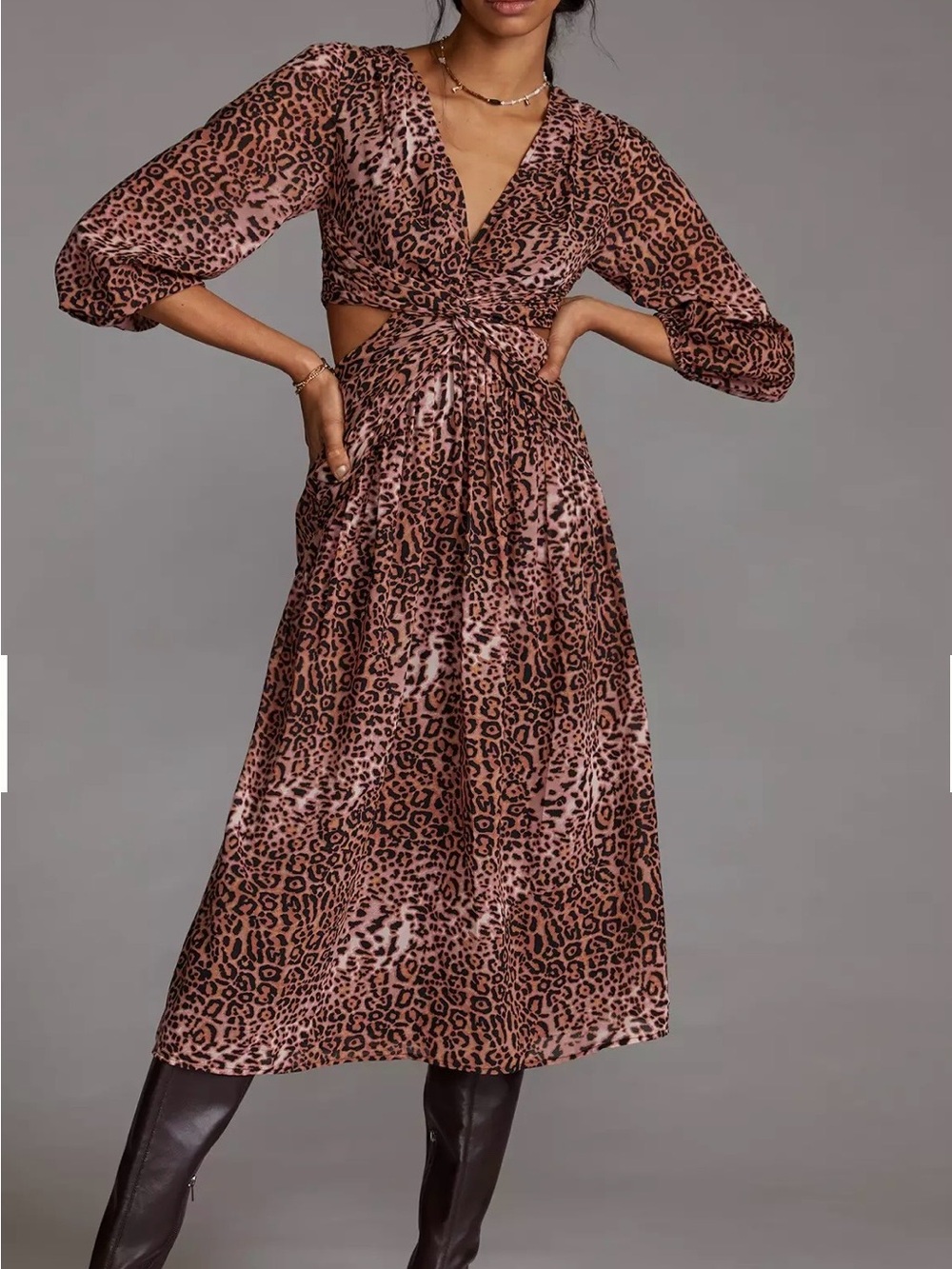 Anthropologie x Ranna Gill Leopard Print Twist-Front Midi Dress
